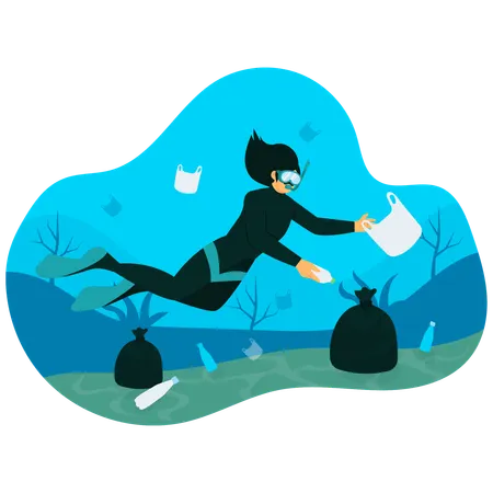 Diver Cleaning Ocean Trash  Illustration