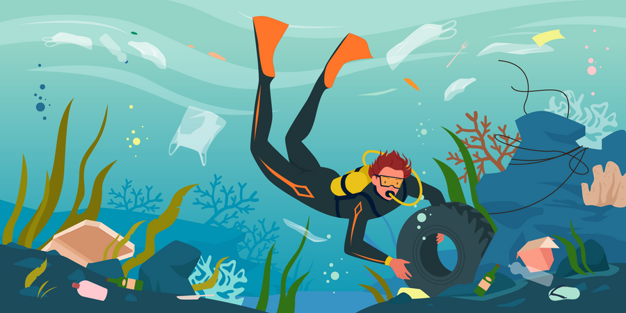 Diver collecting garbage from deep underwater  Illustration