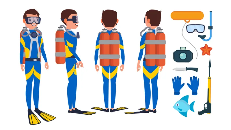 Diver Diving At The Bottom Of The Sea Illustration