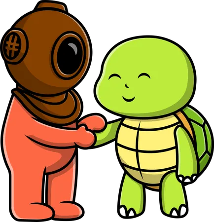 Diver Hand Shake With Turtle  Illustration