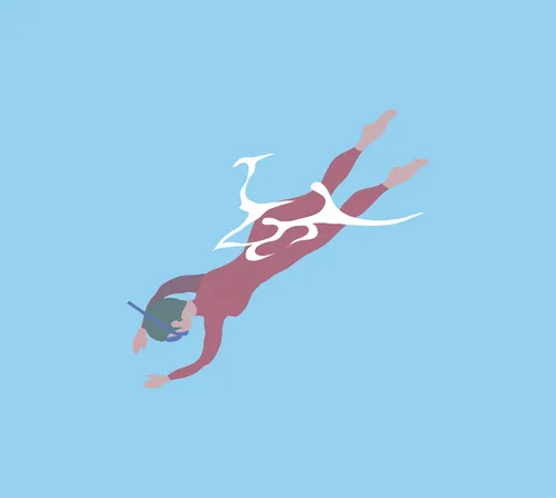 Man Wearing Red Swimsuit Diving Human In Mask Swimming Underwater Full Length And Back View Of Person In Sea Scuba Activity Or Training In Water Vector Illustration