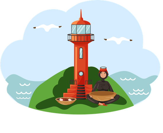 Diver in wetsuit with national dish of Jeju made of seafood enjoys architecture  Illustration