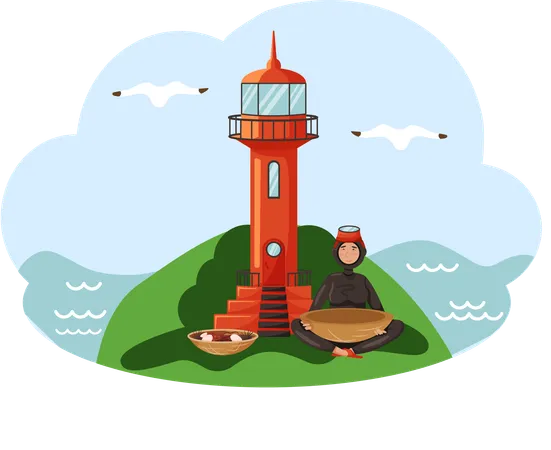 Diver in wetsuit with national dish of Jeju made of seafood enjoys architecture  Illustration