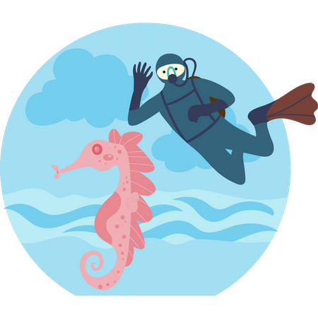 Diver looking at hippocampus in ocean Illustration