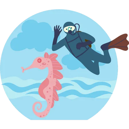 Diver looking at hippocampus in ocean Illustration