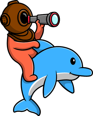 Diver Looking Through Binocular On Dolphin  Illustration