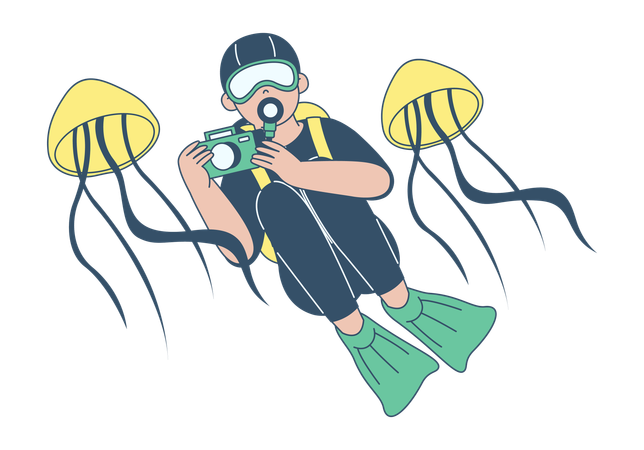 Diver Photographing Jellyfish Underwater  Illustration