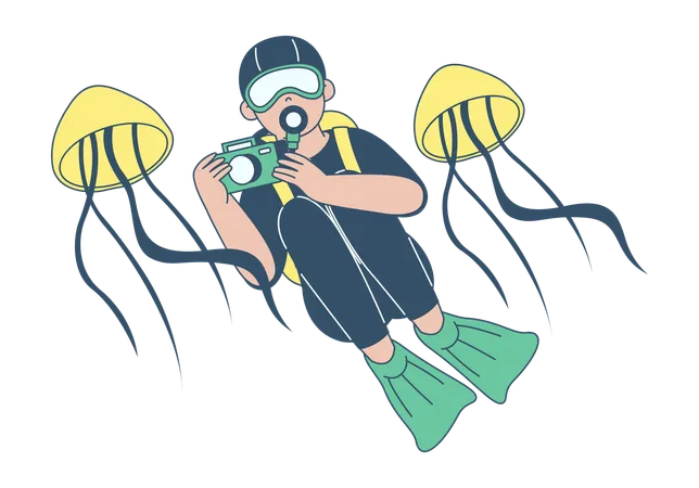 Diver Photographing Jellyfish Underwater  Illustration