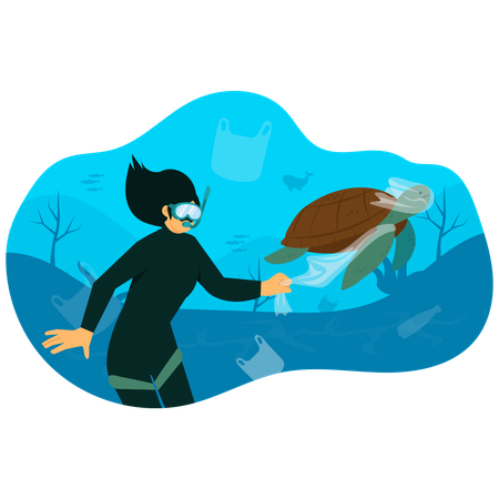 Diver Rescuing Turtle  Illustration
