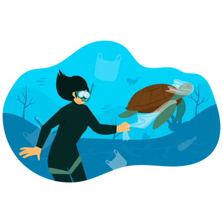 Diver Rescuing Turtle  Illustration