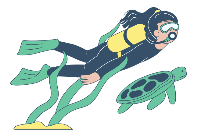 Diver with Sea Turtle Underwater  Illustration