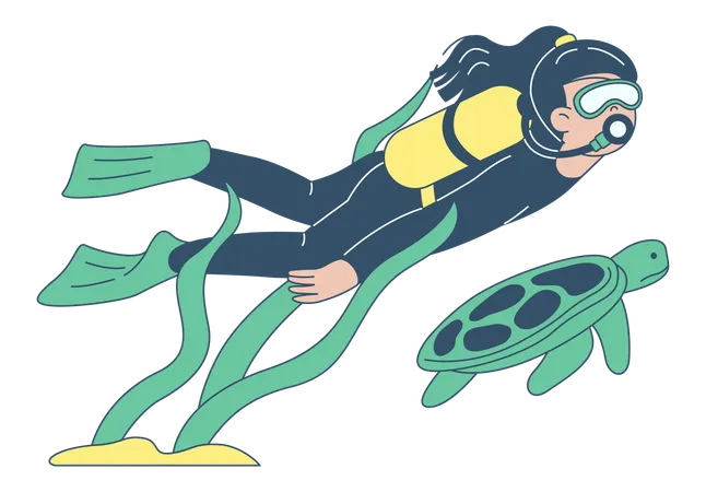 Diver with Sea Turtle Underwater  Illustration