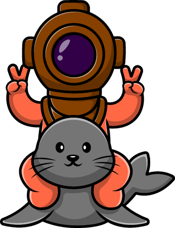 Diver With Seals  Illustration