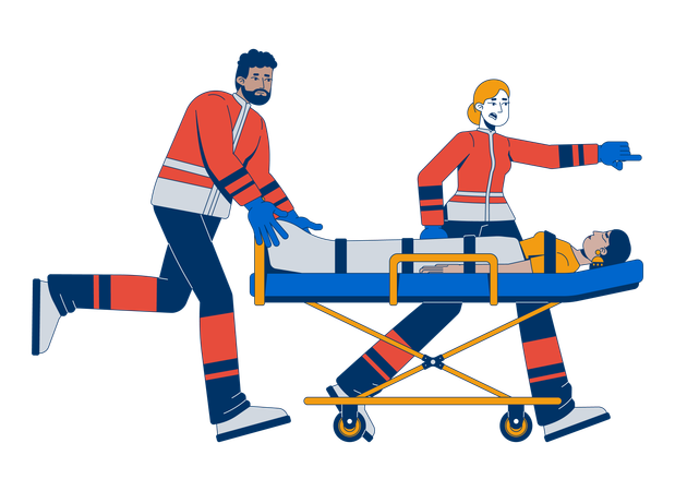 Divers ambulanciers se précipitent avec un patient sur une civière  Illustration