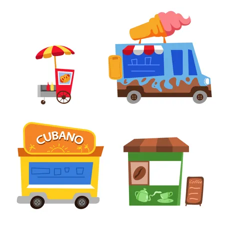 Diverses illustrations de dessins animés enfantins de stands de nourriture de rue.  Illustration