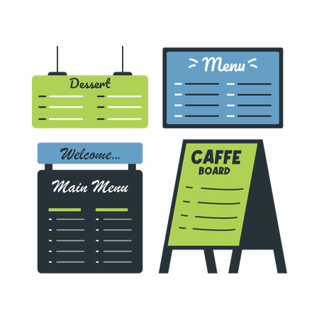Divers panneaux et enseignes de menus de cafés et de restaurants  Illustration