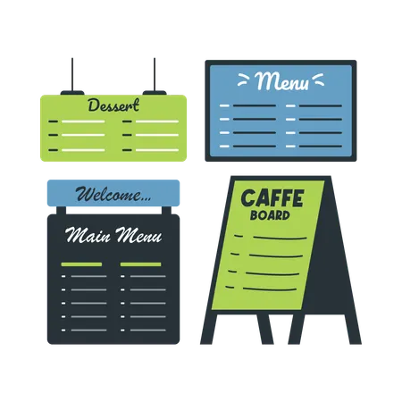 Divers panneaux et enseignes de menus de cafés et de restaurants  Illustration