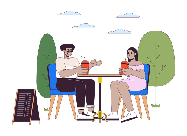 Casal diversificado de pessoas de tamanho grande no café  Ilustração