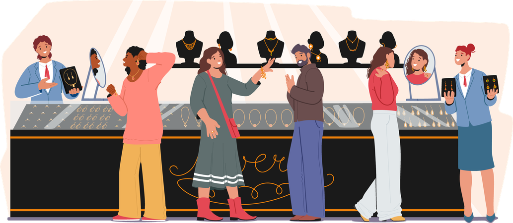 Diversas personas visitan una joyería eligiendo accesorios de lujo y haciendo compras costosas  Ilustración