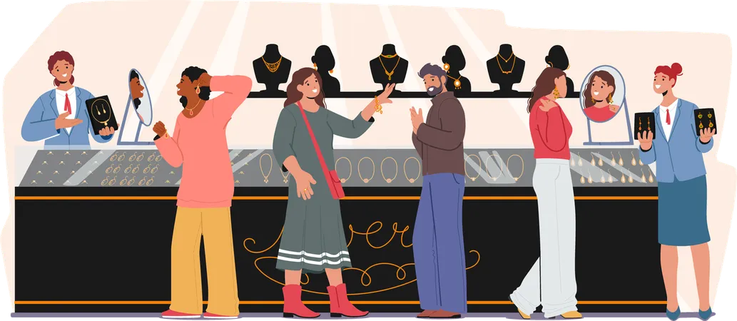 Diversas personas visitan una joyería eligiendo accesorios de lujo y haciendo compras costosas  Ilustración