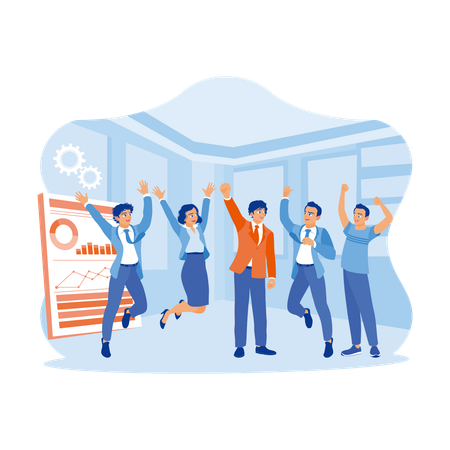 Diverse And Happy Business Team Raising Hands And Jumping In Meeting Room  Illustration