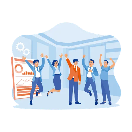 Diverse And Happy Business Team Raising Hands And Jumping In Meeting Room  Illustration