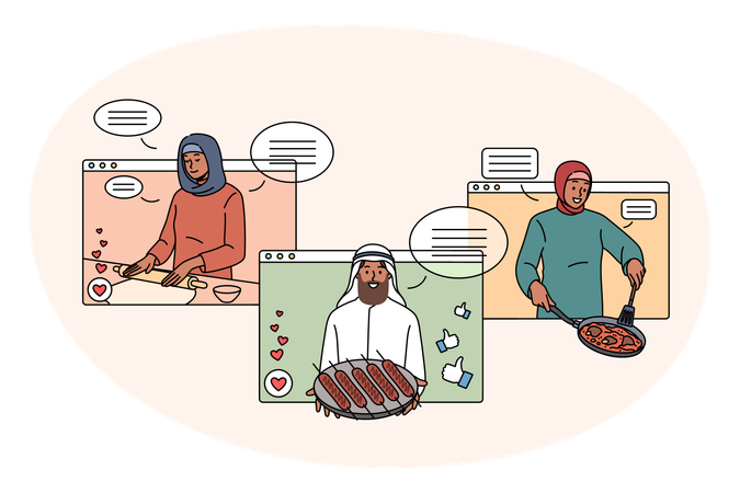 Diverse Arabic bloggers cooking food on web class  Illustration