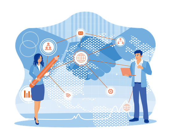 Diverse Business People Using Digital Technology With Global Network Link Connections And Graphs. Background Of Business Partners Shaking Hands. Finance And Trade Concept. Trend Modern Vector Flat Illustration  イラスト