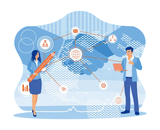 Diverse Business People Using Digital Technology With Global Network Link Connections And Graphs. Background Of Business Partners Shaking Hands. Finance And Trade Concept. Trend Modern Vector Flat Illustration  Illustration