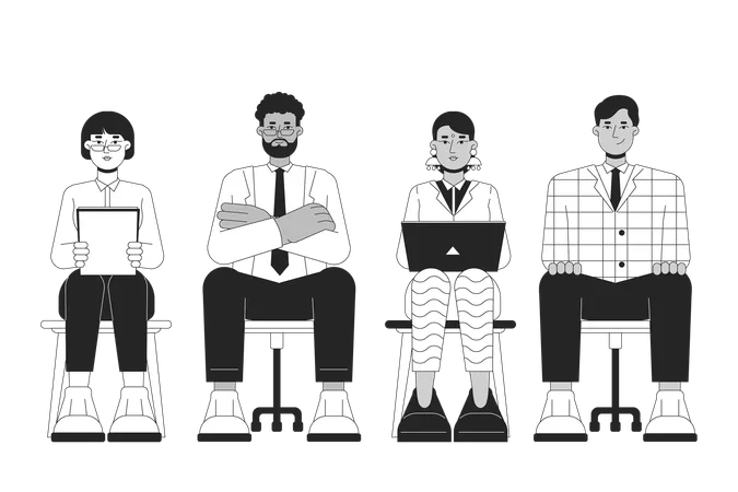 Diverse Candidates Job Seeking Black And White Cartoon Flat Illustration Diversity Recruitment 2 D Lineart Characters Isolated Hiring Applicants Sitting Chairs Monochrome Scene Vector Outline Image Illustration