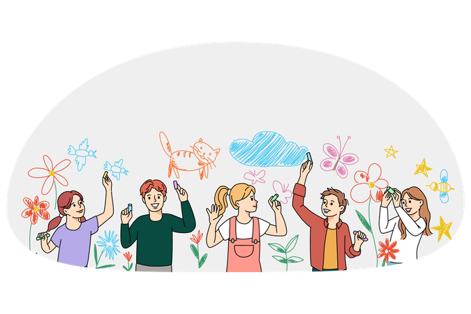 Diverse children drawing on wall together  Illustration