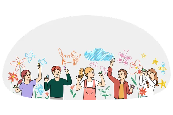 Diverse children drawing on wall together  Illustration