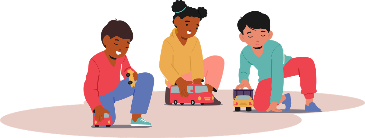 Diverse Children Playing With Toy Cars On Floor Mat In Kindergarten  Illustration