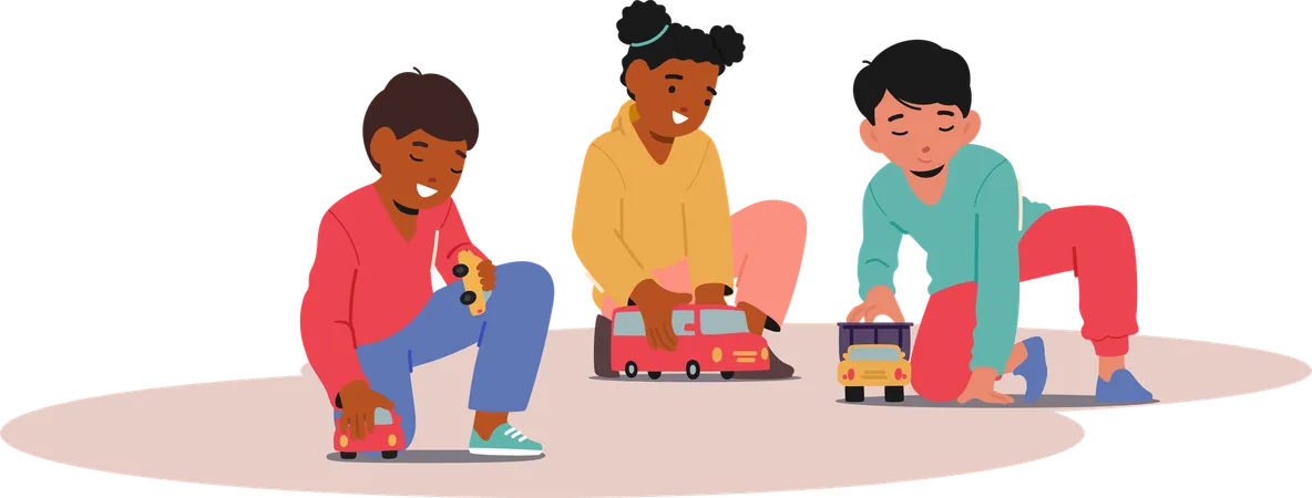 Diverse Children Playing With Toy Cars On Floor Mat In Kindergarten  Illustration