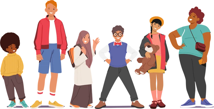 Diverse Children Stand In Row Girls And Boys Of Different Races And Ages Multiracial And Multicultural Kids Teen Or Preteens Male And Female Characters Cartoon People Vector Illustration Illustration