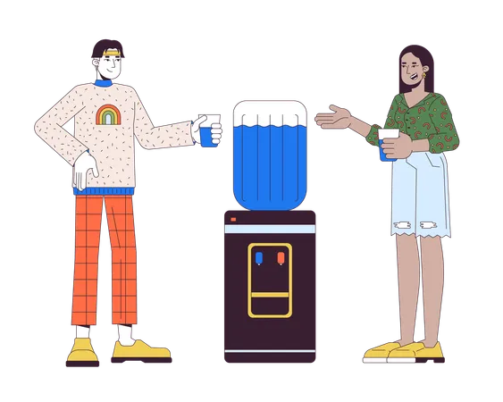 Diverse colleagues talking by water cooler s  Illustration