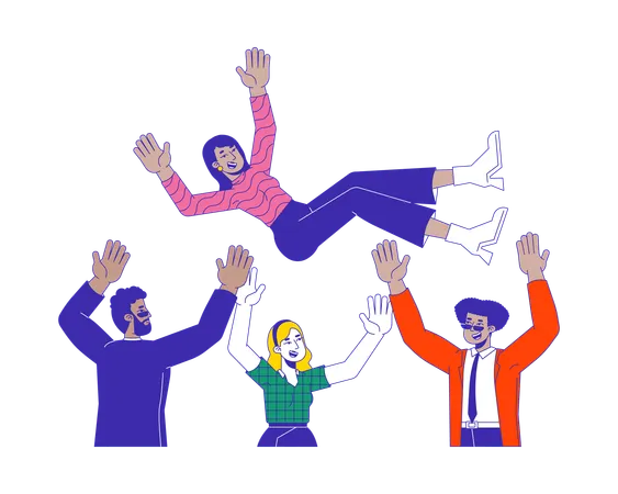 Diverse Colleagues Throwing Indian Woman In Air 2 D Linear Cartoon Characters Multiracial Team Celebrating Isolated Line Vector People White Background Happiness Color Flat Spot Illustration Illustration