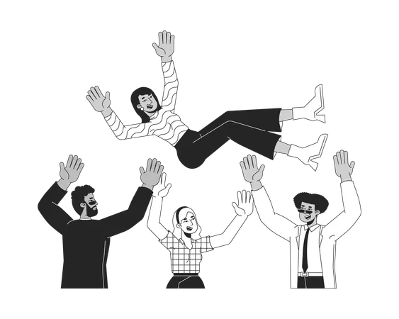Diverse Colleagues Throwing Indian Woman In Air Black And White 2 D Line Cartoon Characters Multiracial Team Celebrating Isolated Vector Outline People Happiness Monochromatic Flat Spot Illustration Illustration
