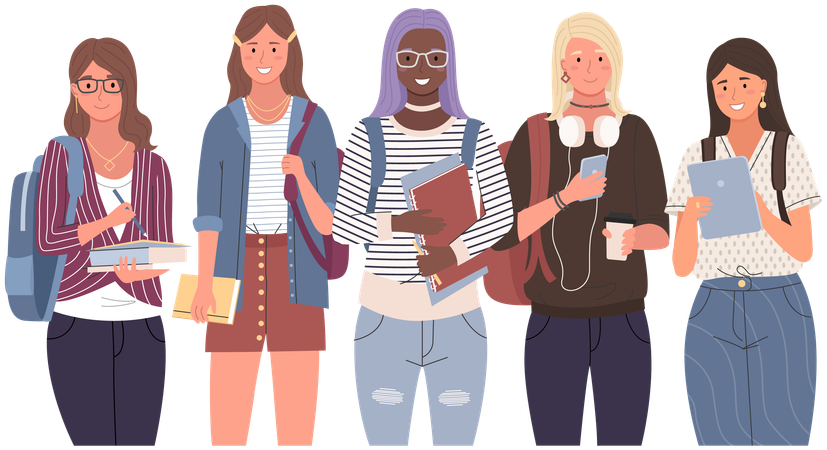 Diverse college student standing together  Illustration