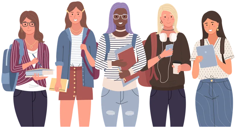 Diverse college student standing together  Illustration
