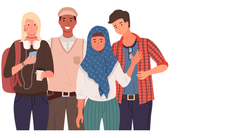Diverse college student standing together  Illustration