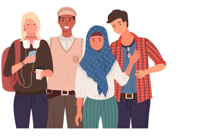 Diverse college student standing together  Illustration
