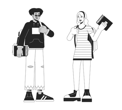 Diverse College Students Bw Vector Spot Illustration University Students Talk 2 D Cartoon Flat Line Monochromatic Characters For Web UI Design College Campus Life Editable Isolated Outline Hero Image Illustration