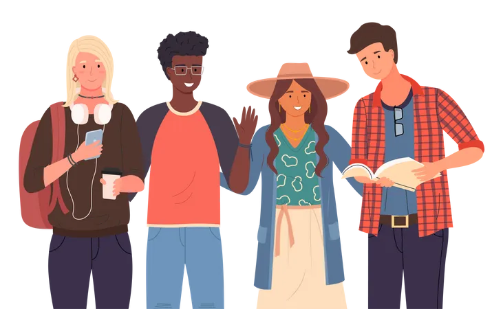 Diverse college students standing together  Illustration