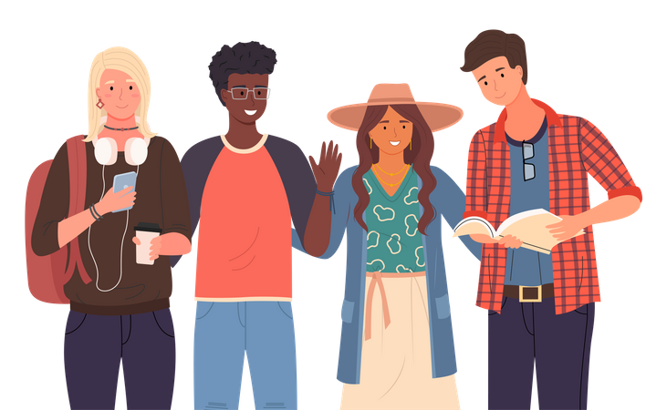 Diverse college students standing together  Illustration