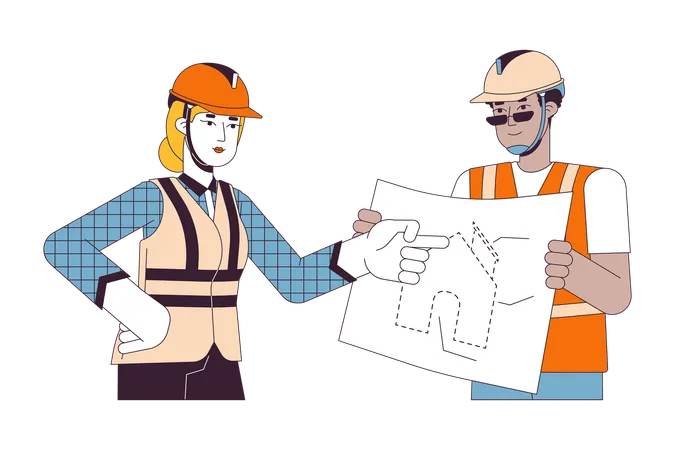 Diverse Contractors Discussing Blueprint 2 D Linear Cartoon Characters Building Supervisor Construction Worker Isolated Line Vector People White Background Builders Color Flat Spot Illustration Illustration