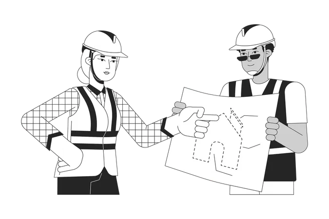 Diverse Contractors Discussing Blueprint Black And White 2 D Line Cartoon Characters Building Supervisor Construction Worker Isolated Vector Outline People Monochromatic Flat Spot Illustration Illustration