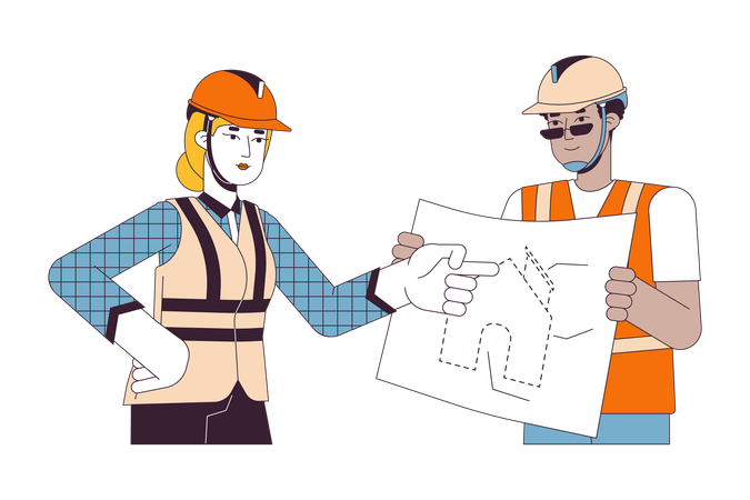 Diverse contractors discussing blueprint  Illustration