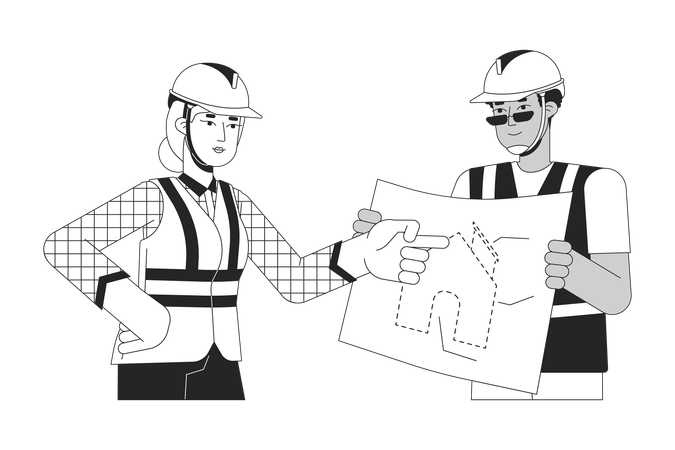 Diverse contractors discussing blueprint  Illustration