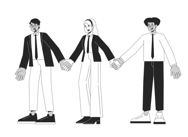 Diverse Corporate Employees Holding Hands Flat Line Black White Vector Characters Editable Outline Full Body People Diverse Coworkers Simple Cartoon Isolated Spot Illustration For Web Graphic Design Illustration